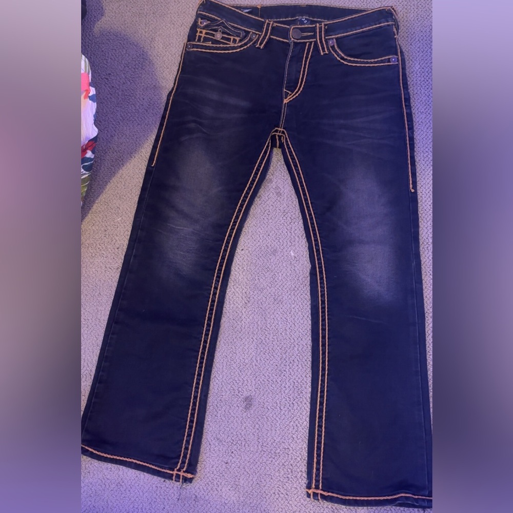 True Religion Black And Yellow Straight Jeans with Contrast Stitching